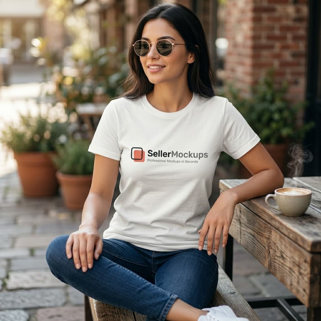 AI-generated mockup of a woman in her 30s with sunglasses in the park wearing a custom Bella Canvas tee