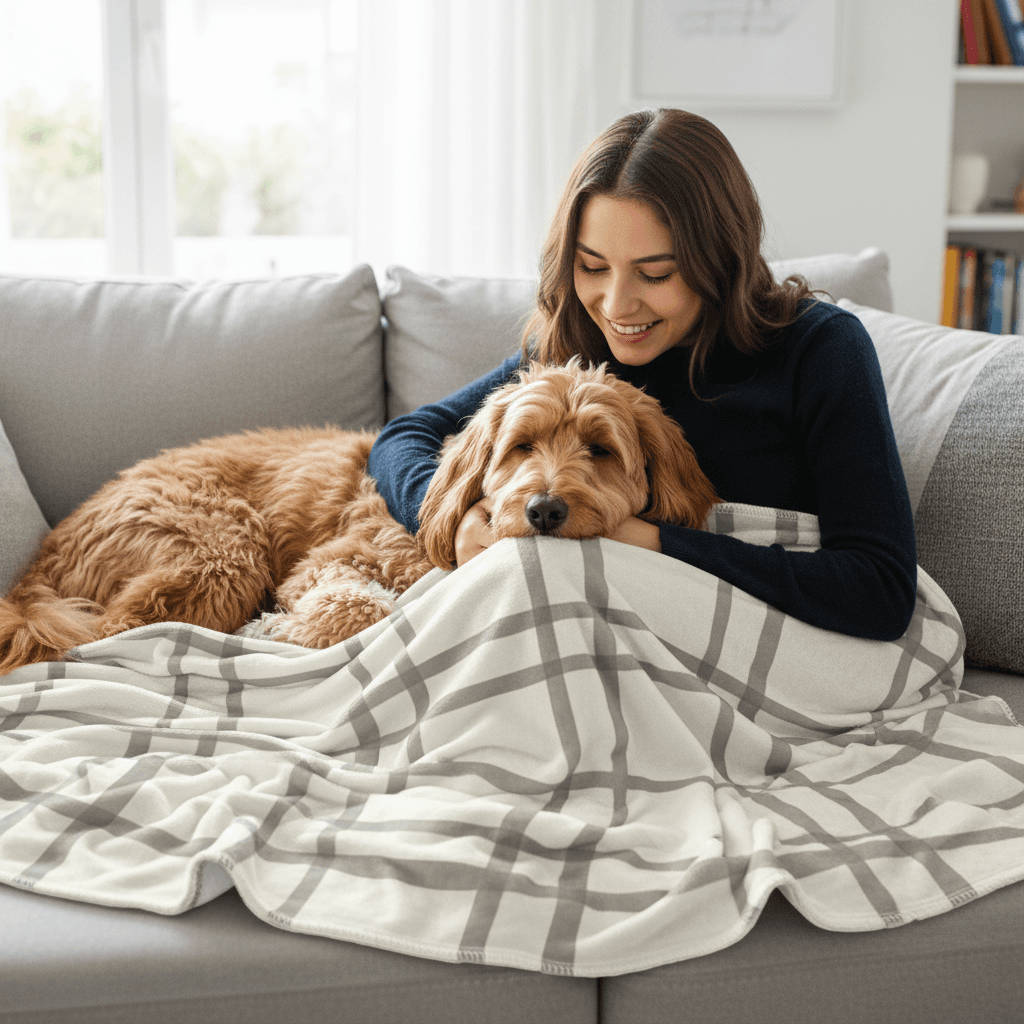 AI mockup of a velveteen plush blanket with custom art and a pet
