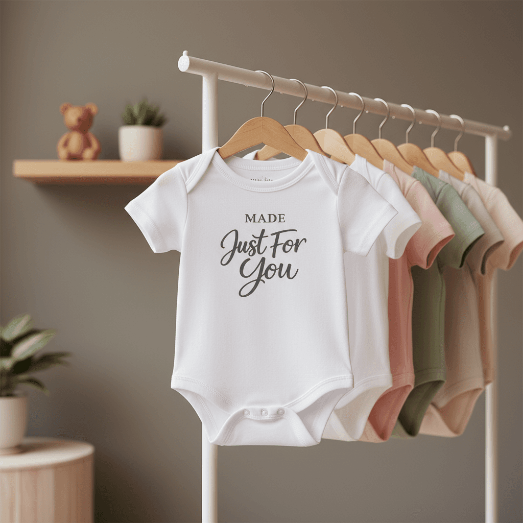AI mockup of an infant tee with custom design on a boutique rack