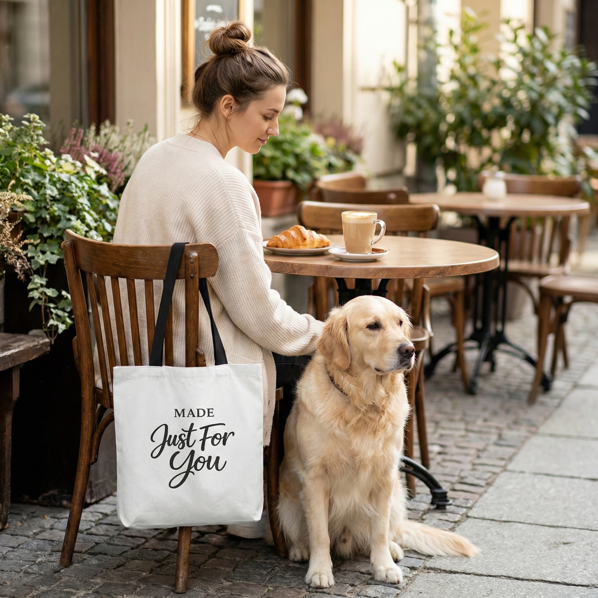 AI mockup of a tote bag with custom design next to a dog