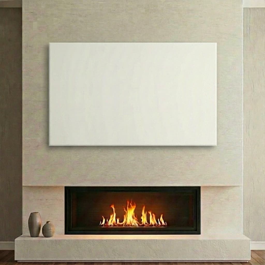 SellerMockups AI mockup generator showing a canvas print above a modern fireplace in a stylish living room